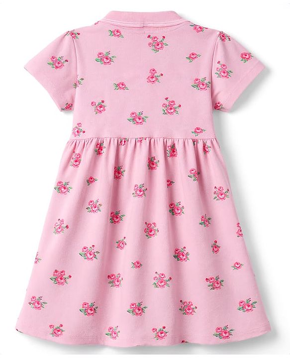 Babyhug Cotton Knit One Piece Dresses / Frocks with Polo Collar Half Sleeves All Over Floral Print Pink 3-6 Months
