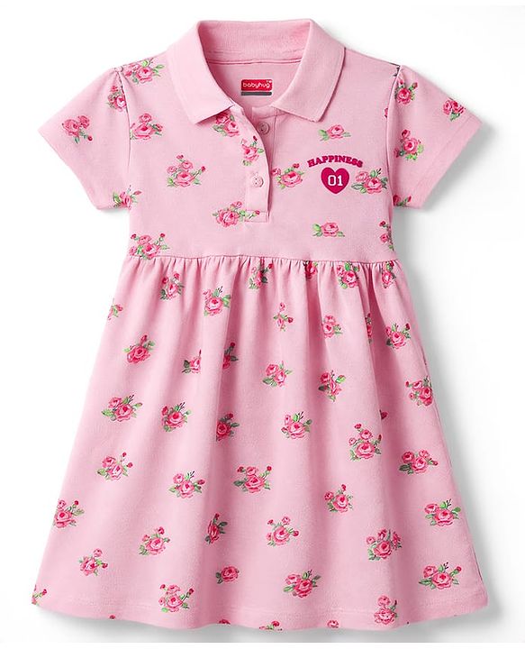 Babyhug Cotton Knit One Piece Dresses / Frocks with Polo Collar Half Sleeves All Over Floral Print Pink 3-6 Months