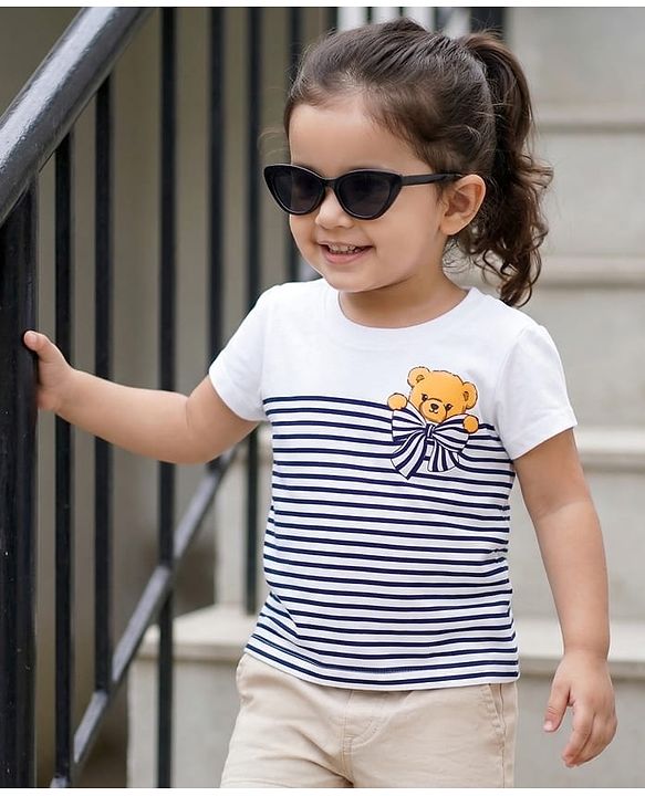 Babyhug Cotton Knit Half Sleeves Striped T-Shirt with Bear Print - White & Blue