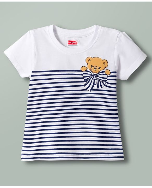 Babyhug Cotton Knit Half Sleeves Striped T-Shirt with Bear Print - White & Blue