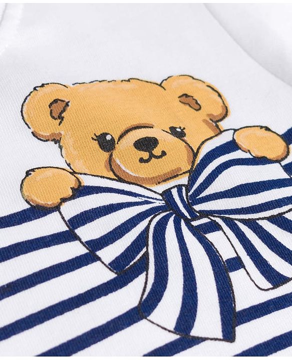 Babyhug Cotton Knit Half Sleeves Striped T-Shirt with Bear Print - White & Blue