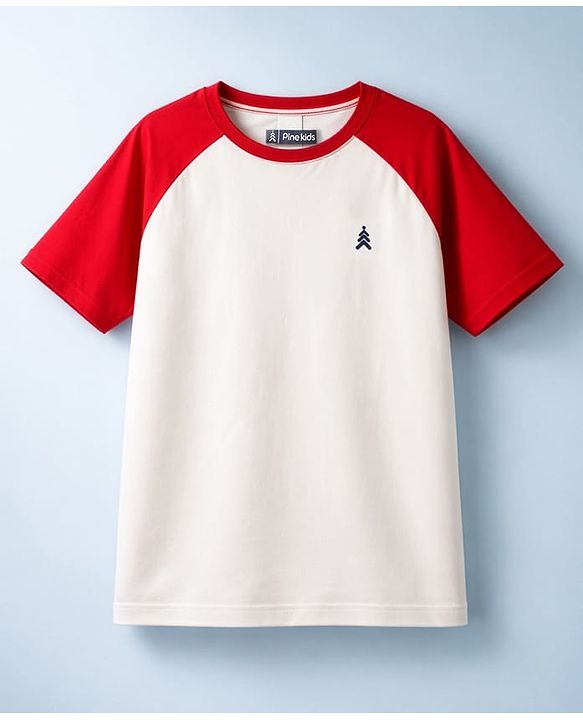 Pine Kids Cotton Knit Half Raglan Sleeves Solid Color T-Shirt - White & Red