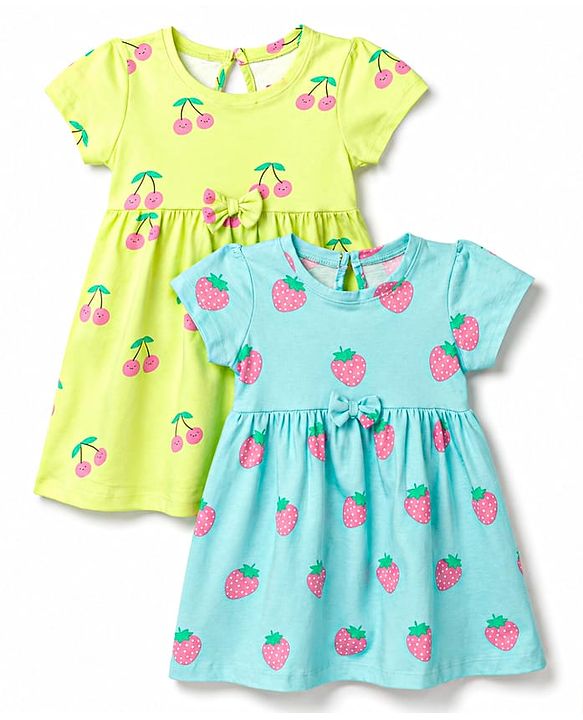Babyhug Single Jersey Knit Half Sleeves Frocks with Fruit Print & Bow Applique Pack of 2 - Multicolor