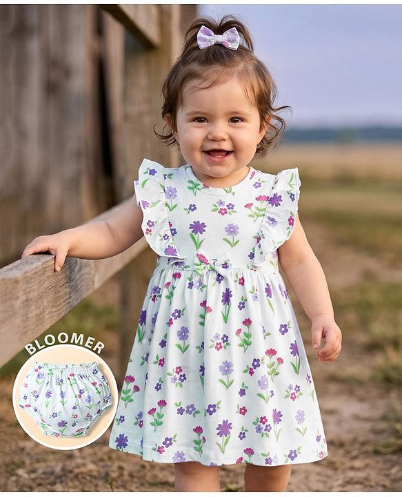 Babyhug Single Jersey Knit Half Sleeves Frock With Floral Print & Bloomer - Multicolor
