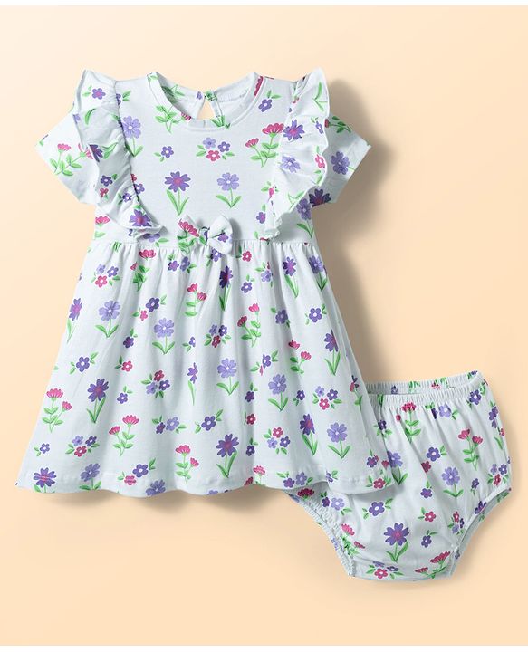 Babyhug Single Jersey Knit Half Sleeves Frock With Floral Print & Bloomer - Multicolor