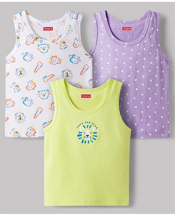 Babyhug 100% Cotton Single Jersey Knit Sleeveless Vests With Star & Animal Print Pack of 3 - Multicolor