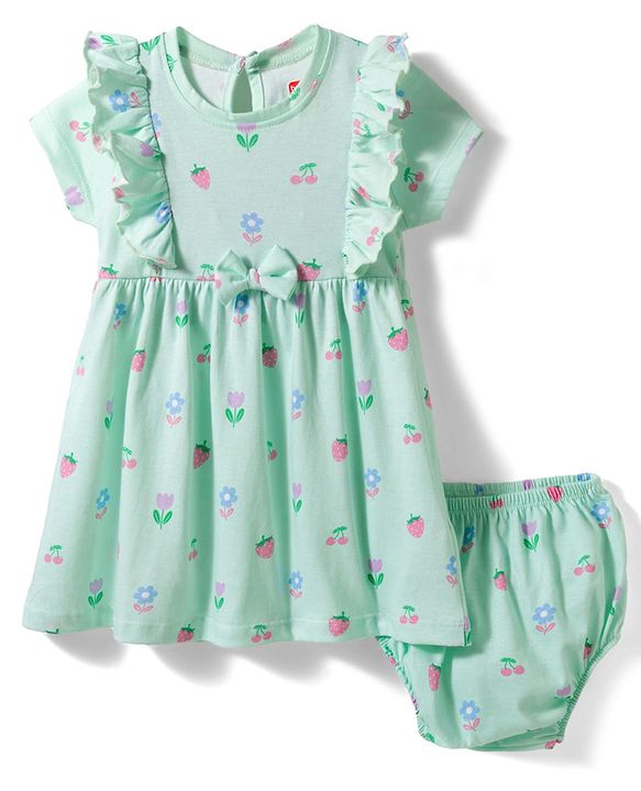 Babyhug Single Jersey Knit Half Sleeves Tropical Theme Printed Frock with Bloomer - Sea Green