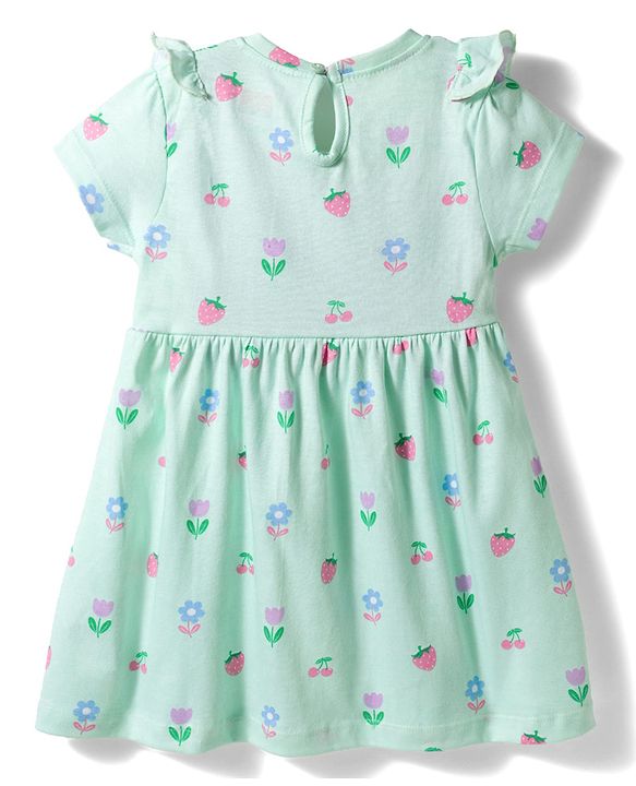 Babyhug Single Jersey Knit Half Sleeves Tropical Theme Printed Frock with Bloomer - Sea Green