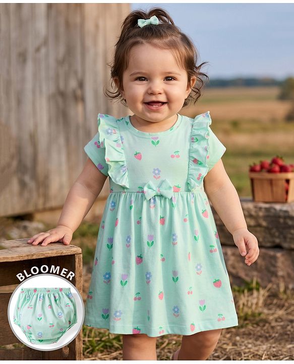 Babyhug Single Jersey Knit Half Sleeves Tropical Theme Printed Frock with Bloomer - Sea Green