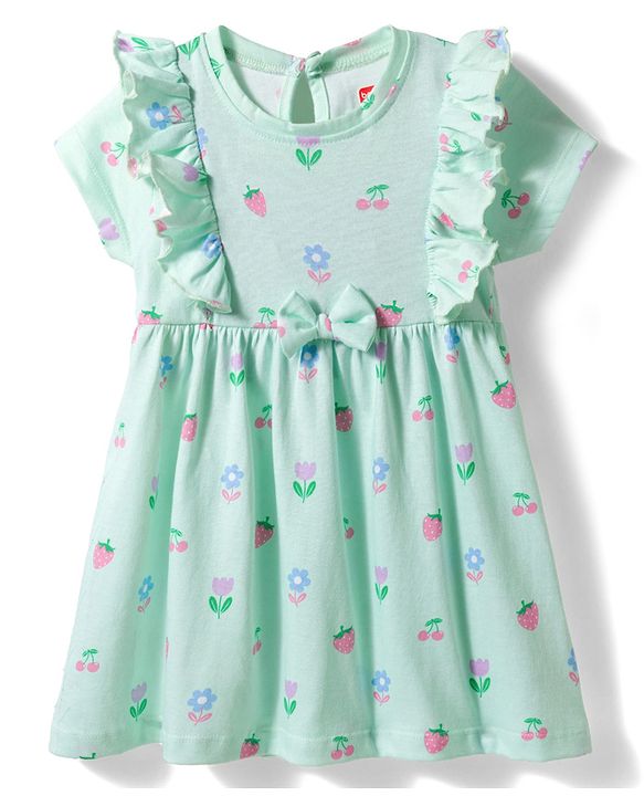 Babyhug Single Jersey Knit Half Sleeves Tropical Theme Printed Frock with Bloomer - Sea Green