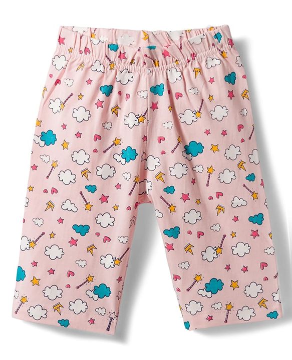 Babyhug Cotton Knit Half Sleeves T-Shirt & Capri Night Suit With Fairy & Castle Print - Navy Blue