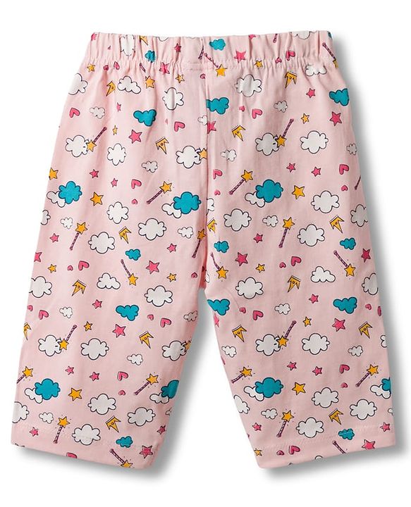 Babyhug Cotton Knit Half Sleeves T-Shirt & Capri Night Suit With Fairy & Castle Print - Navy Blue