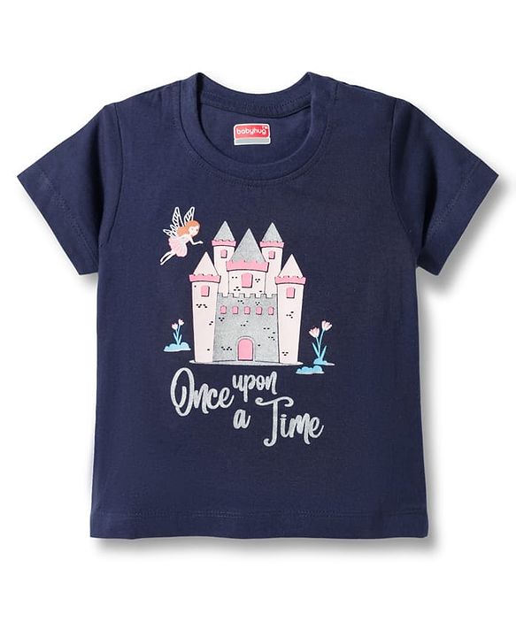 Babyhug Cotton Knit Half Sleeves T-Shirt & Capri Night Suit With Fairy & Castle Print - Navy Blue