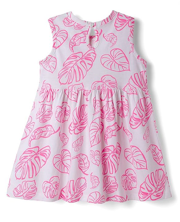 Babyhug Single Jersey Knit Sleeveless Frock With Leaf Print & Bow Applique - White