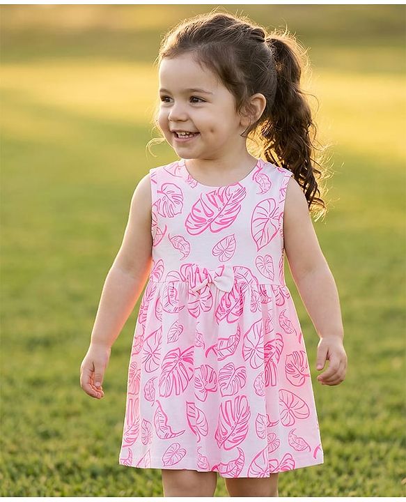 Babyhug Single Jersey Knit Sleeveless Frock With Leaf Print & Bow Applique - White