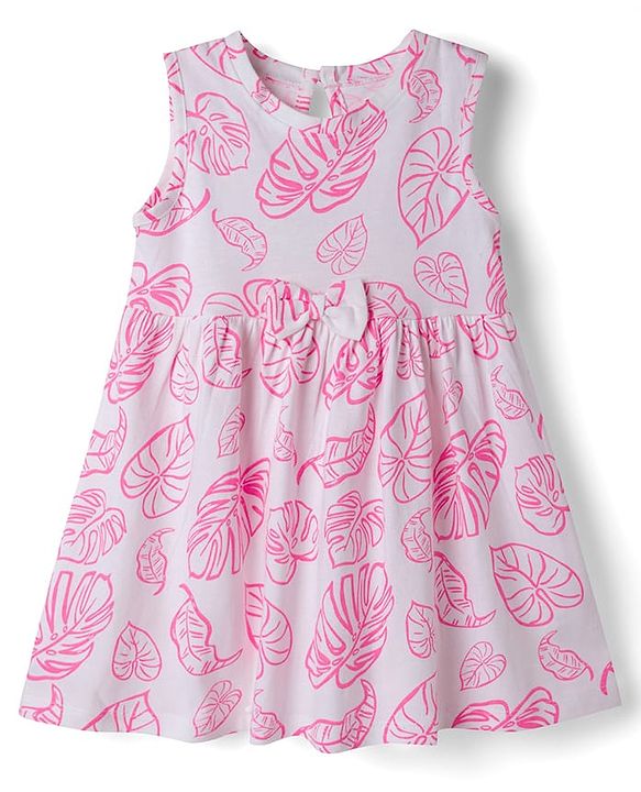 Babyhug Single Jersey Knit Sleeveless Frock With Leaf Print & Bow Applique - White