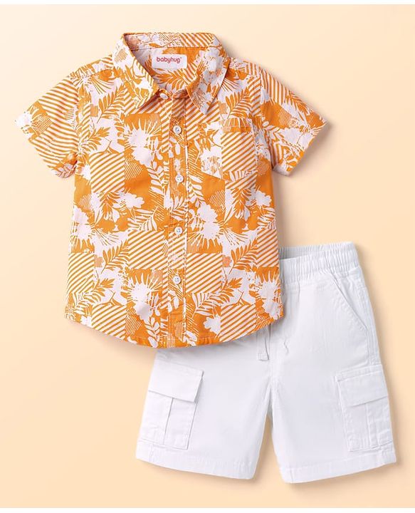 Babyhug Cotton Woven Half Sleeves Shirt & Denim Shorts Set with Tree Print - Multicolor