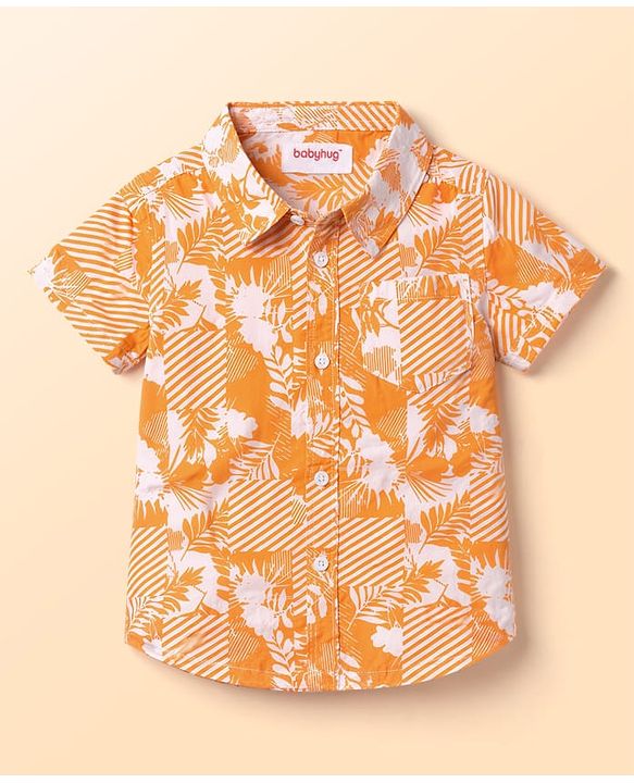 Babyhug Cotton Woven Half Sleeves Shirt & Denim Shorts Set with Tree Print - Multicolor