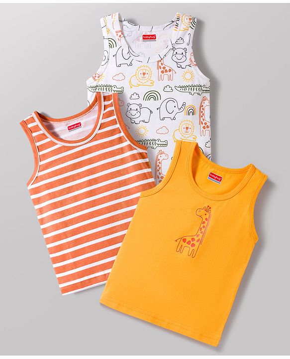 Babyhug 100% Cotton Knit Sleeveless Striped & Animal Printed Sando Vests Pack of 3 - Multicolor