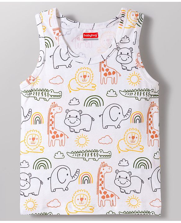 Babyhug 100% Cotton Knit Sleeveless Striped & Animal Printed Sando Vests Pack of 3 - Multicolor