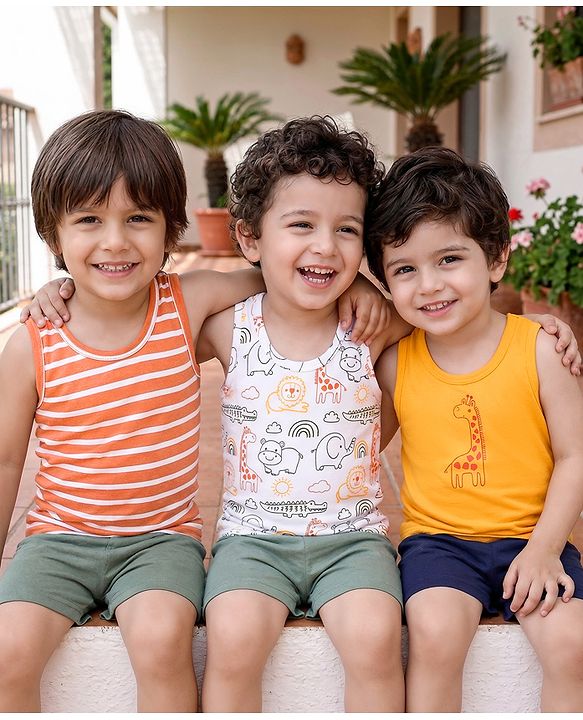 Babyhug 100% Cotton Knit Sleeveless Striped & Animal Printed Sando Vests Pack of 3 - Multicolor