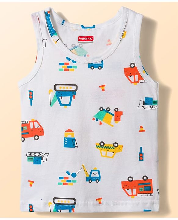 Babyhug 100% Cotton Knit Sleeveless Striped & Vehicles Printed Vests Pack Of 3 - Multicolour