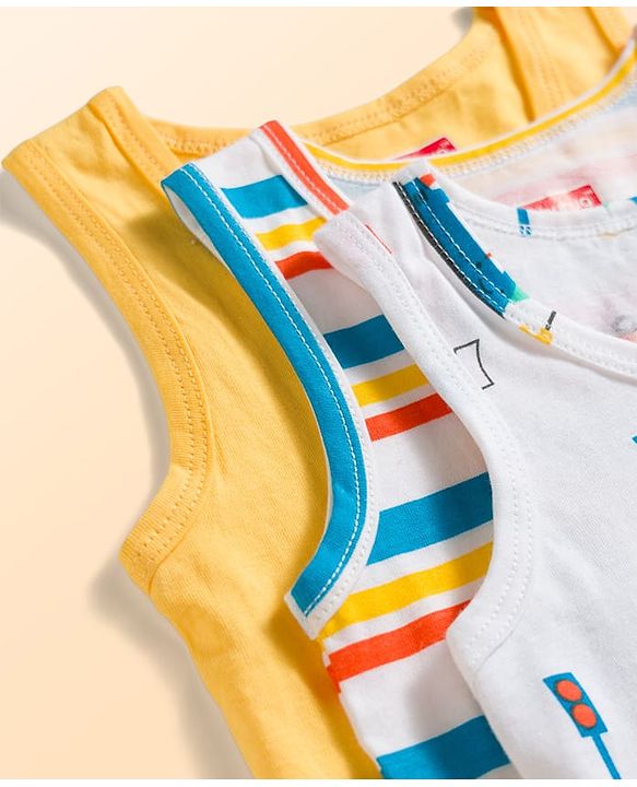Babyhug 100% Cotton Knit Sleeveless Striped & Vehicles Printed Vests Pack Of 3 - Multicolour
