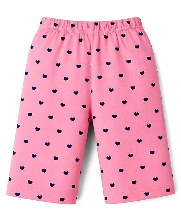 Babyhug Cotton Knit Half Sleeves T-Shirt & Capri Night Suit with Heart Print - Navy Blue