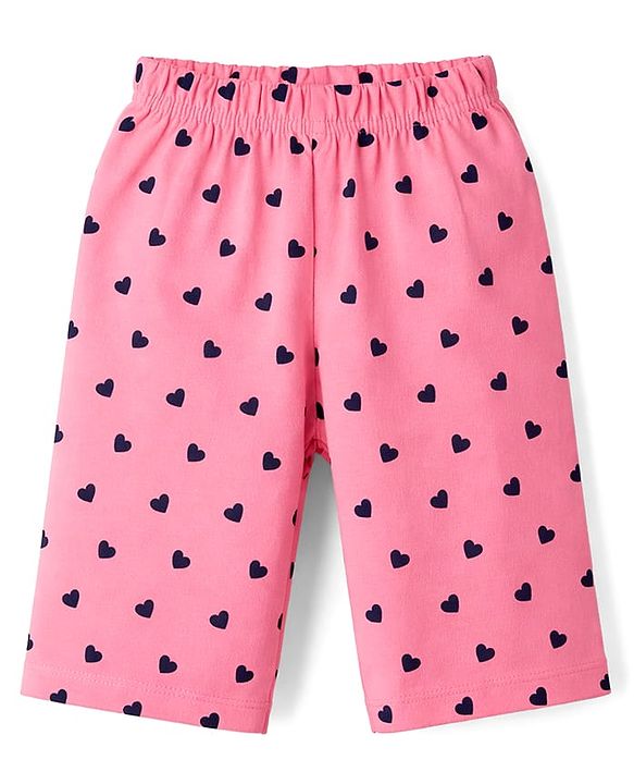 Babyhug Cotton Knit Half Sleeves T-Shirt & Capri Night Suit with Heart Print - Navy Blue