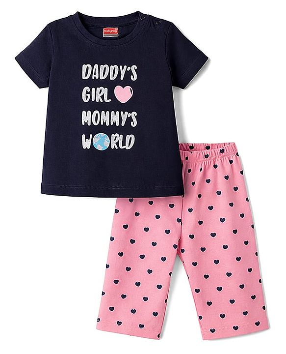 Babyhug Cotton Knit Half Sleeves T-Shirt & Capri Night Suit with Heart Print - Navy Blue