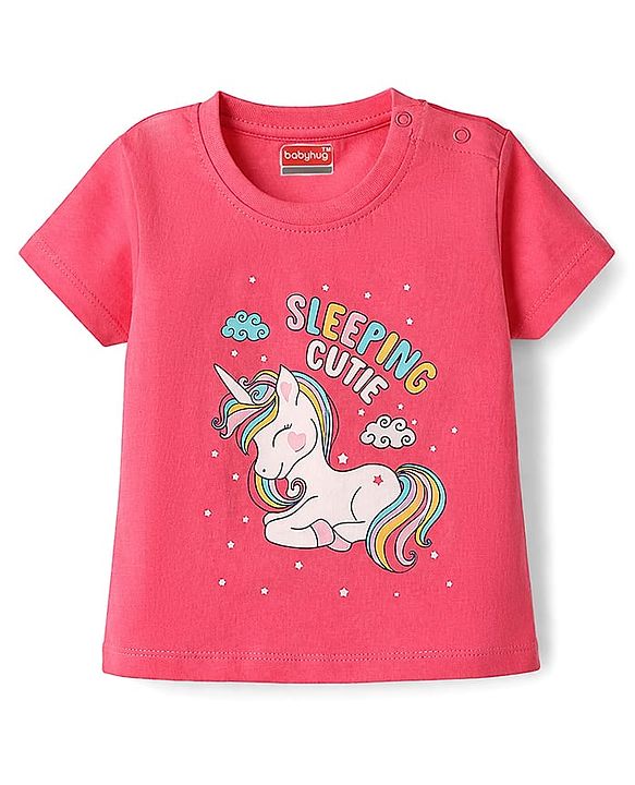 Babyhug Cotton Knit Half Sleeves T-Shirt & Capri Night Suit with Unicorn Print - Pink & Blue