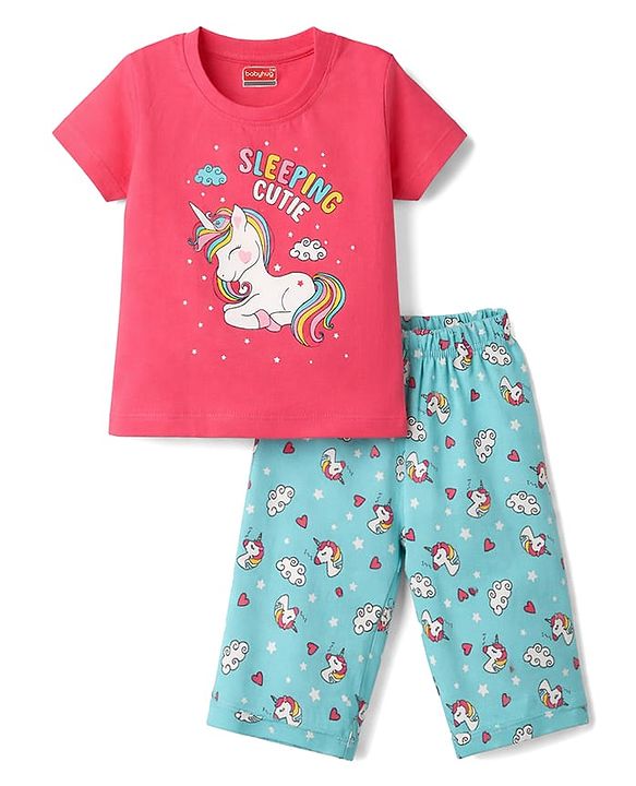 Babyhug Cotton Knit Half Sleeves T-Shirt & Capri Night Suit with Unicorn Print - Pink & Blue