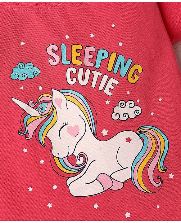 Babyhug Cotton Knit Half Sleeves T-Shirt & Capri Night Suit with Unicorn Print - Pink & Blue