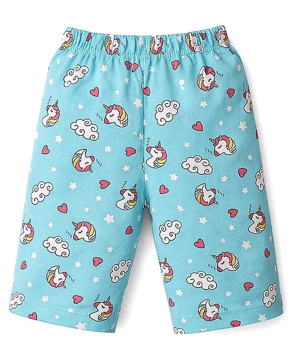 Babyhug Cotton Knit Half Sleeves T-Shirt & Capri Night Suit with Unicorn Print - Pink & Blue