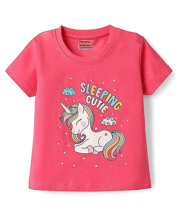 Babyhug Cotton Knit Half Sleeves T-Shirt & Capri Night Suit with Unicorn Print - Pink & Blue