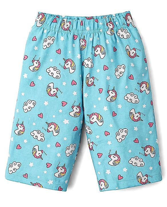 Babyhug Cotton Knit Half Sleeves T-Shirt & Capri Night Suit with Unicorn Print - Pink & Blue