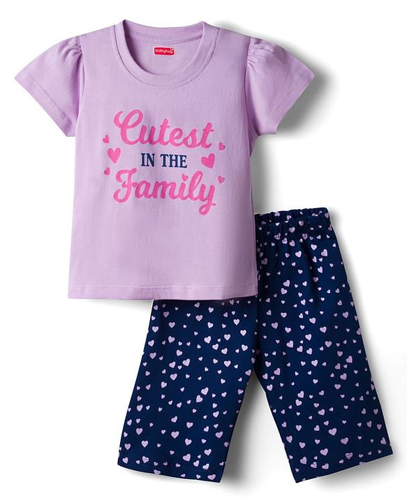 Babyhug Cotton Knit Half Sleeves T-Shirt & Capri Night Suit With Heart Print - Lavender