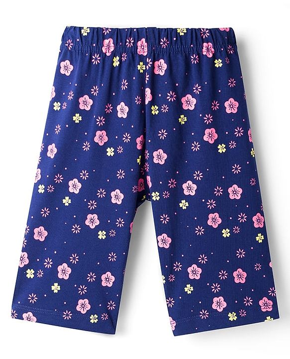 Babyhug Cotton Knit Half Sleeves Floral & Rainbow Printed T-Shirt & Capri Night Suit - Navy Blue