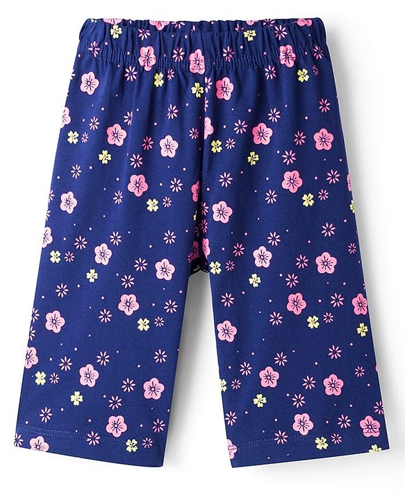Babyhug Cotton Knit Half Sleeves Floral & Rainbow Printed T-Shirt & Capri Night Suit - Navy Blue