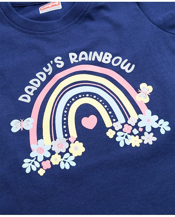 Babyhug Cotton Knit Half Sleeves Floral & Rainbow Printed T-Shirt & Capri Night Suit - Navy Blue