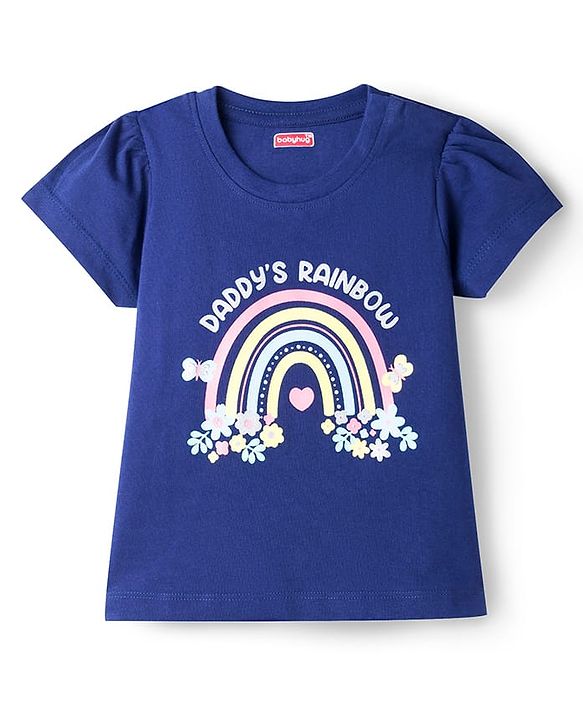 Babyhug Cotton Knit Half Sleeves Floral & Rainbow Printed T-Shirt & Capri Night Suit - Navy Blue