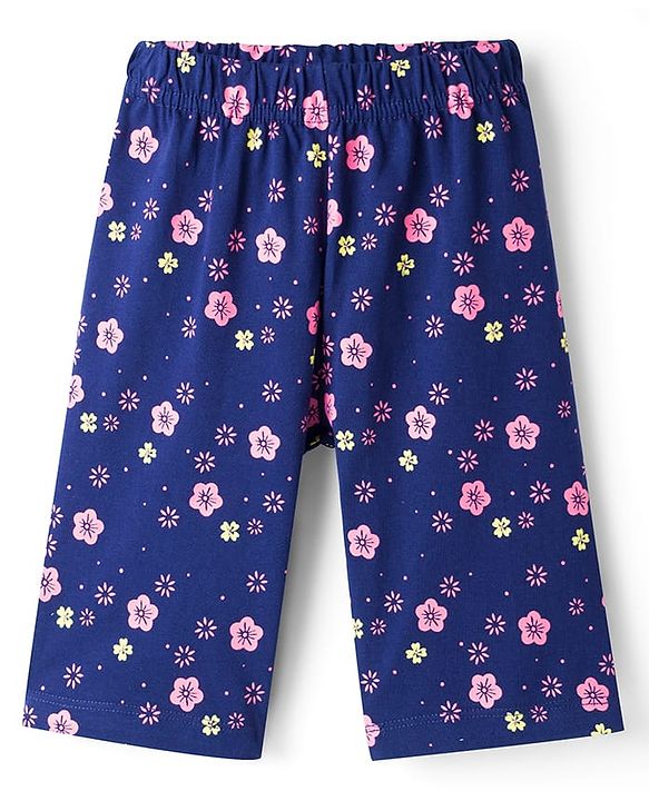 Babyhug Cotton Knit Half Sleeves Floral & Rainbow Printed T-Shirt & Capri Night Suit - Navy Blue