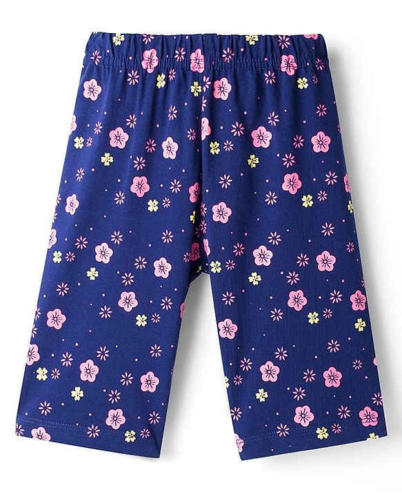 Babyhug Cotton Knit Half Sleeves Floral & Rainbow Printed T-Shirt & Capri Night Suit - Navy Blue