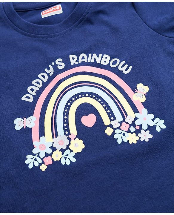 Babyhug Cotton Knit Half Sleeves Floral & Rainbow Printed T-Shirt & Capri Night Suit - Navy Blue