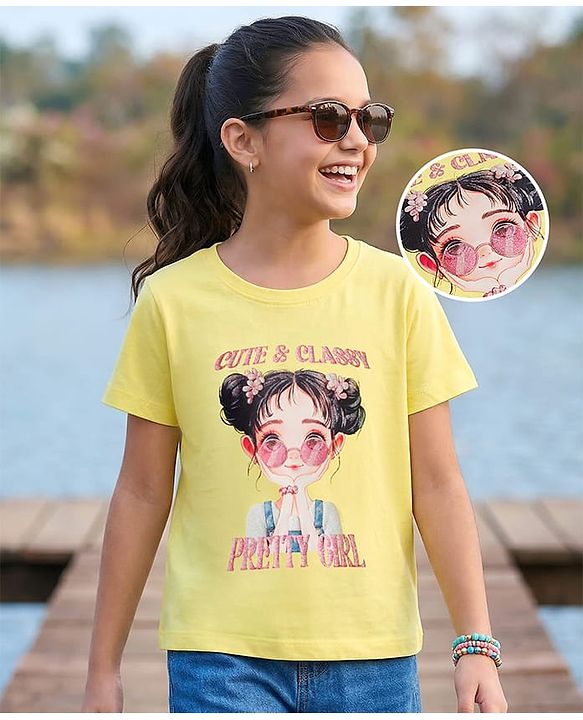 Pine Kids Cotton Knit Half Sleeves T-Shirt with Girl Print - Yellow
