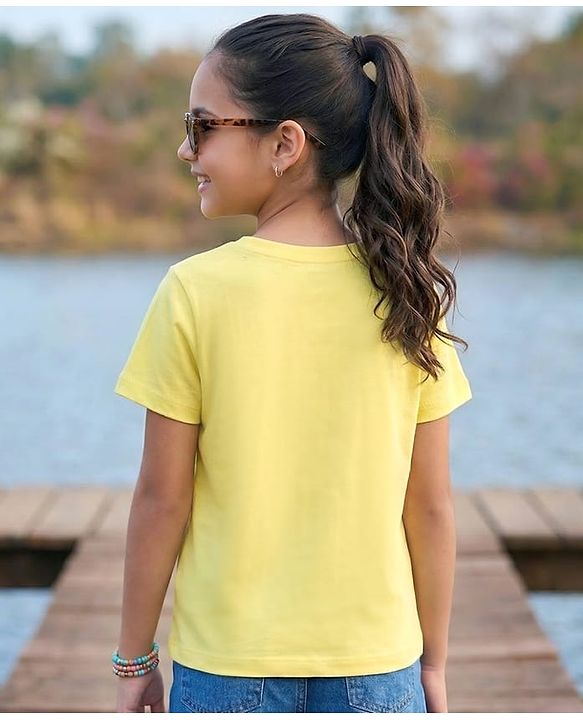 Pine Kids Cotton Knit Half Sleeves T-Shirt with Girl Print - Yellow