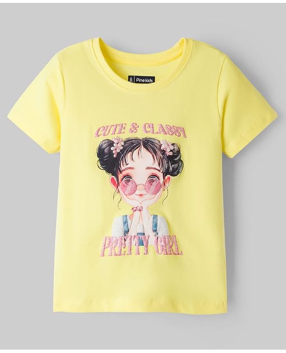 Pine Kids Cotton Knit Half Sleeves T-Shirt with Girl Print - Yellow