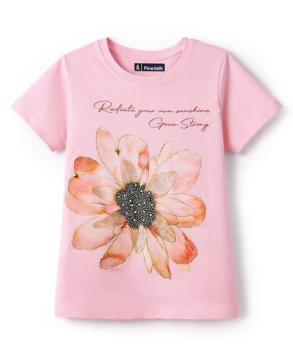 Pine Kids Cotton Knit T-Shirts Half Sleeves Round Neck Embellished Pink 4-5 Years
