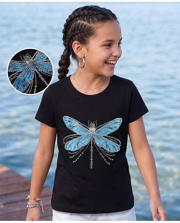 Pine Kids Cotton Knit T-Shirts with Dragonfly Embellishment Black 4-5 Years