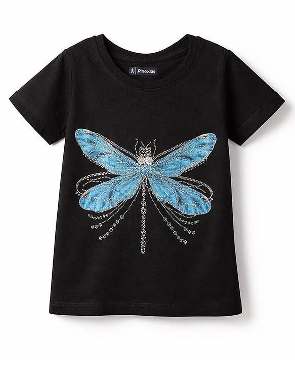 Pine Kids Cotton Knit T-Shirts with Dragonfly Embellishment Black 4-5 Years